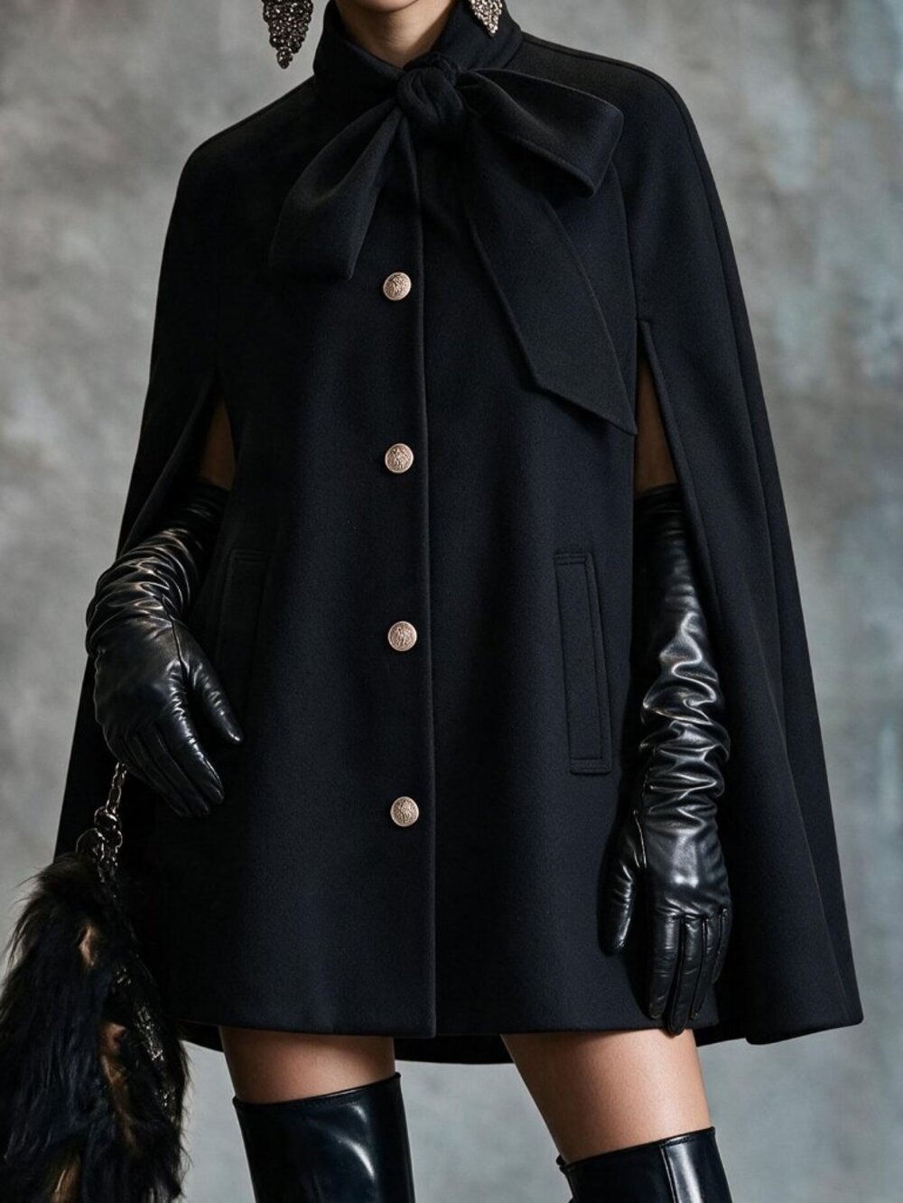 Black Elegant Women's Button Front Cape